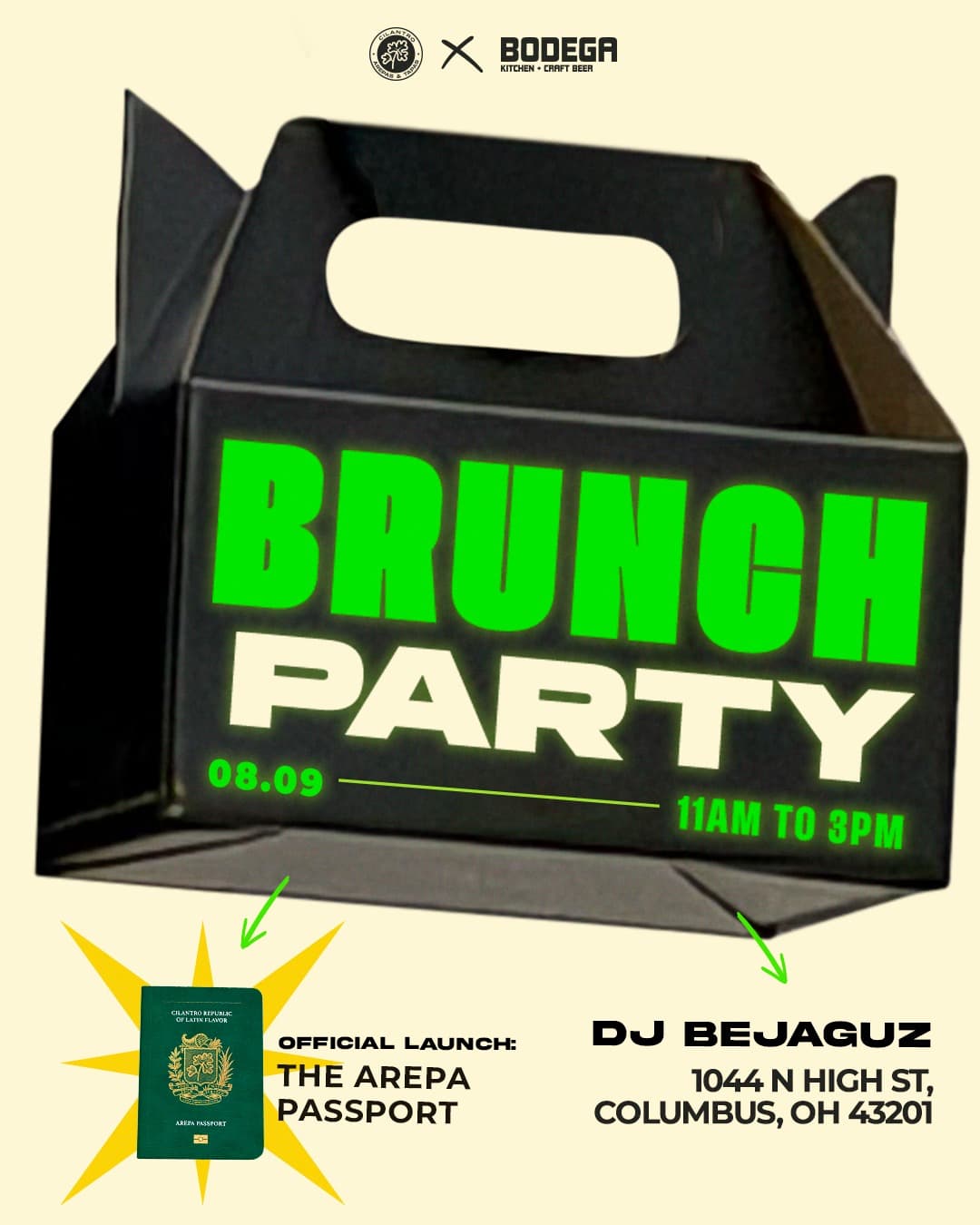 Brunch Party flyer: a black takeaway box with the event name in green, next to the Arepa Passport booklet