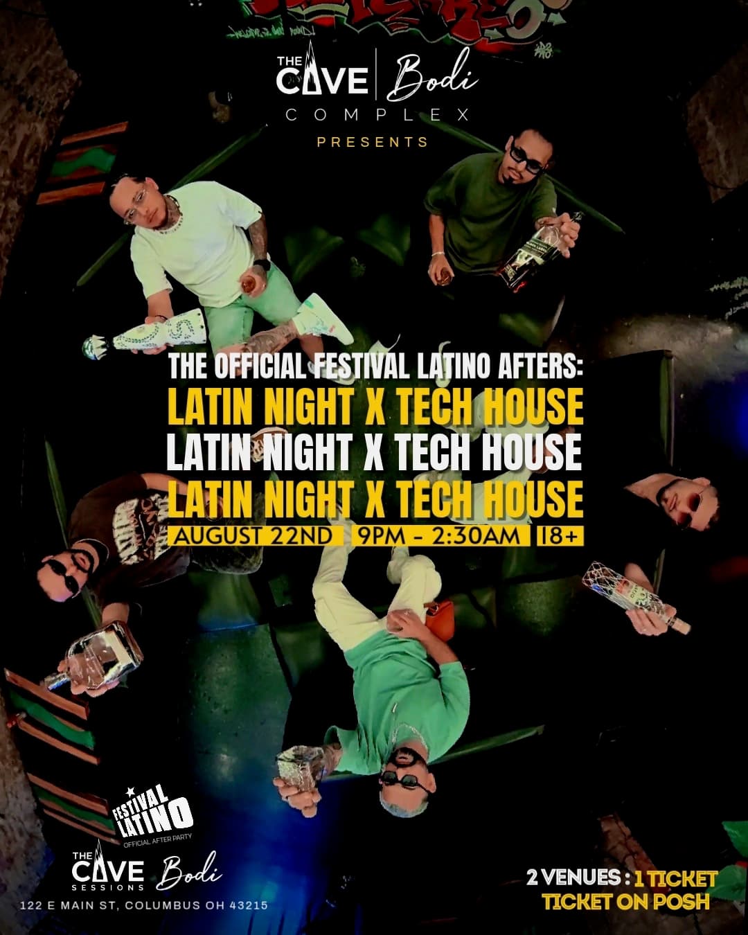 Festival Latino Afters flyer: Latin Night x Tech House at The Cave and Bodi Complex